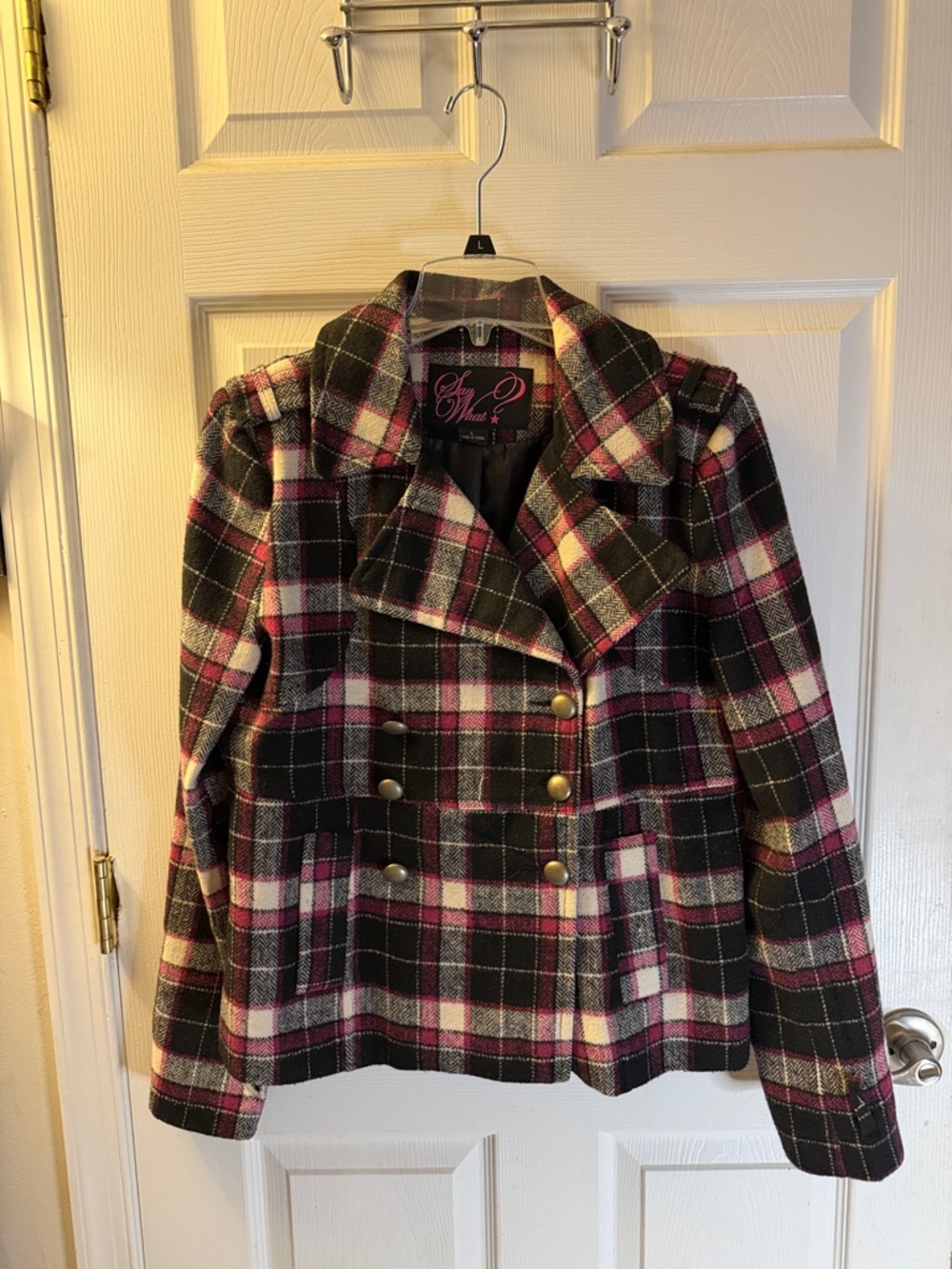 Say What? Pink & Black Plaid Double-Breasted Pea Coat